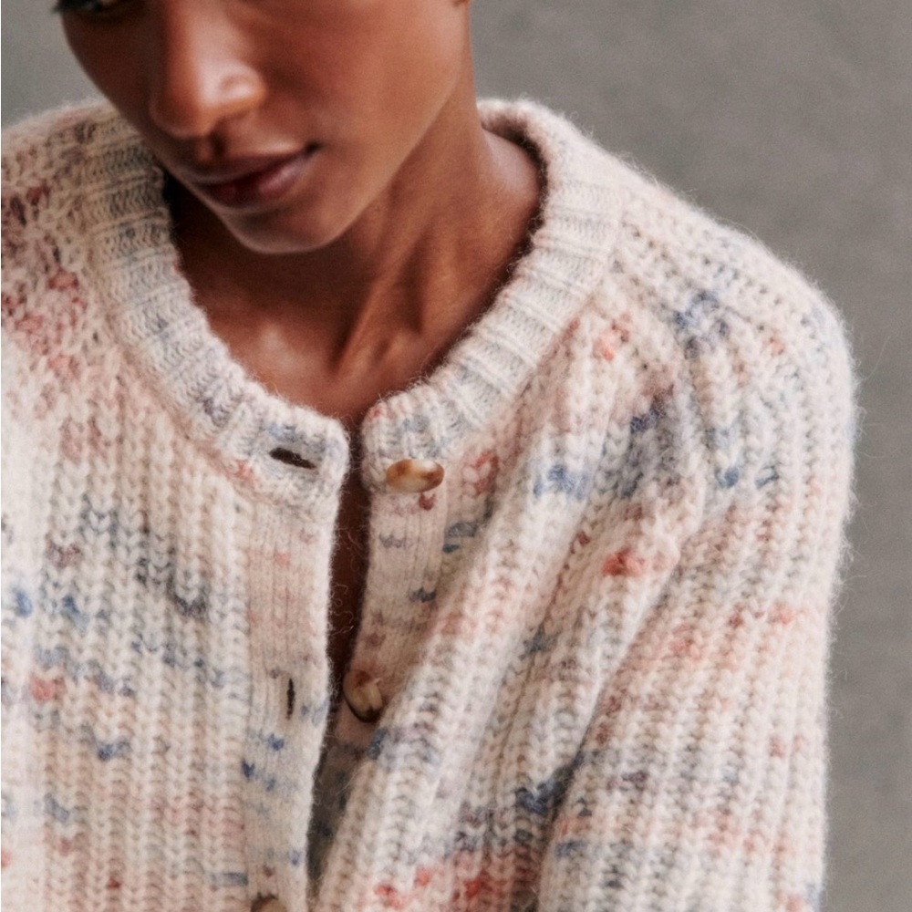 Sezane Pierre Blue Multicolored Knit Cardigan Sweater